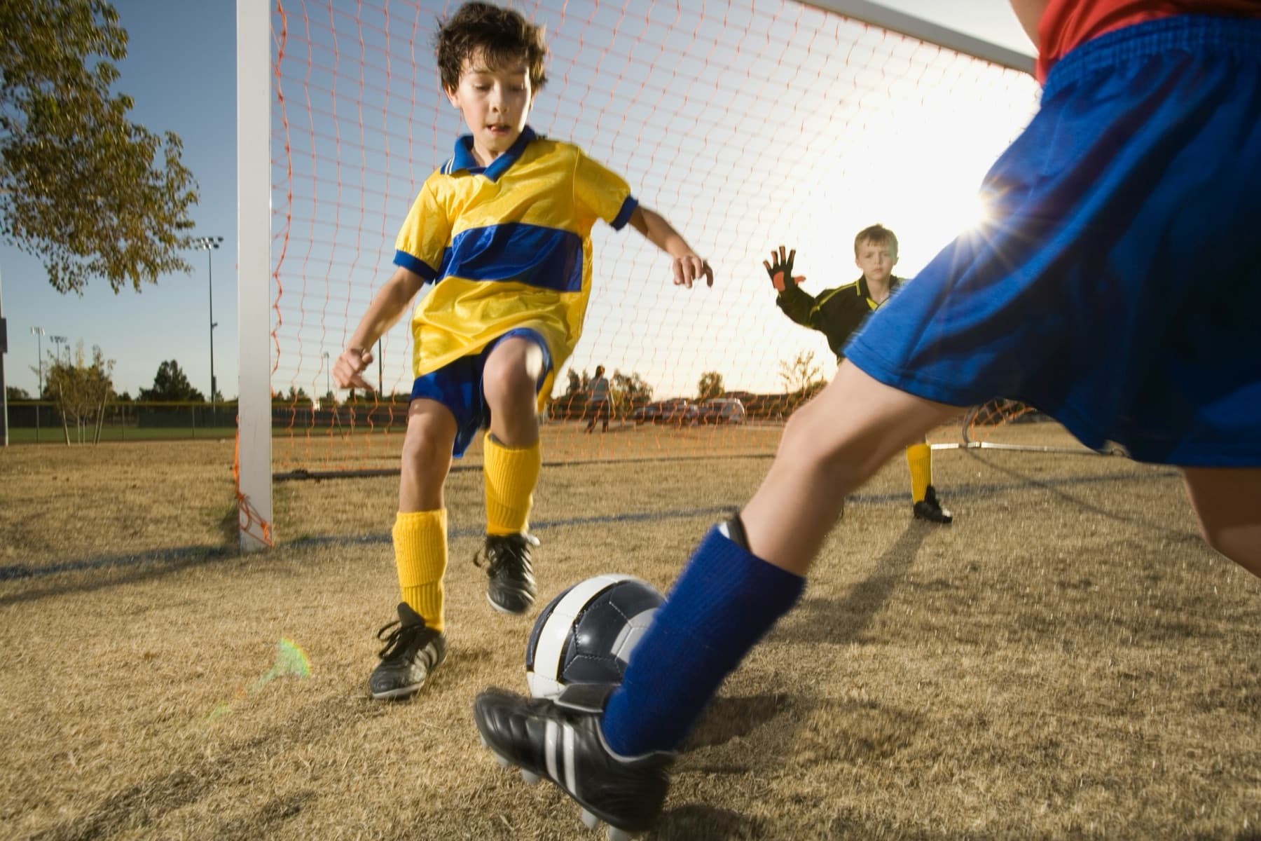 A boy shooting at goal, the goalkeeper behind him